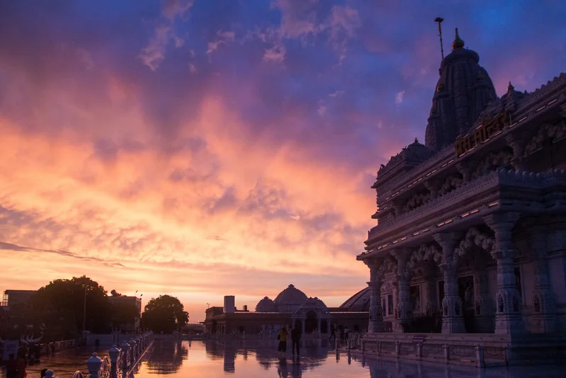 Prem Mandir Vrindavan, illuminated marble temple at sunset